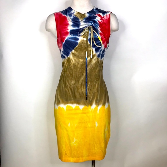 DSQUARED2 Dresses & Skirts - Dsquared2 size M red blue brown yellow tie dye ruched midi dress